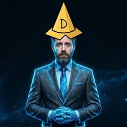 Dumb AI founder with dunce cap and neon tech grid